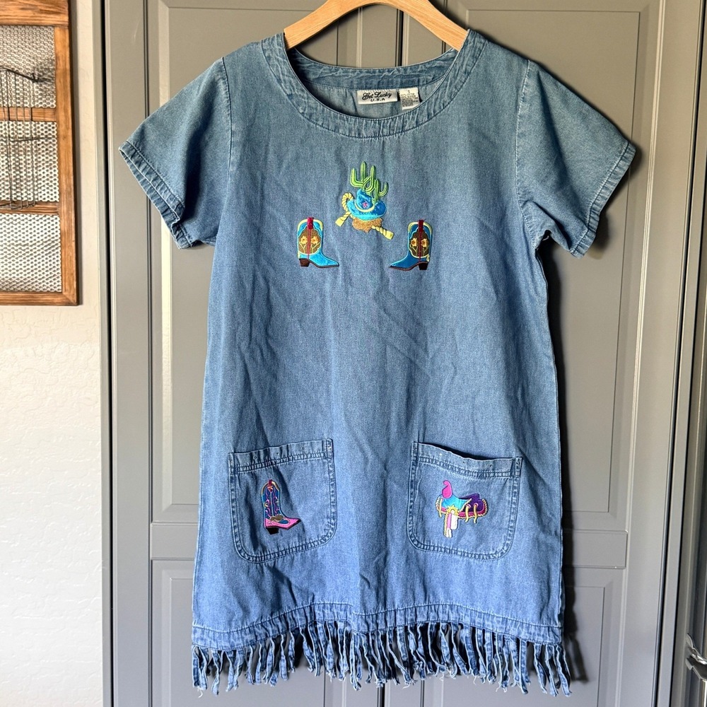 Get Lucky USA‎ Vintage Denim Western Embroidered Fringe Shift Dress, Blue, S